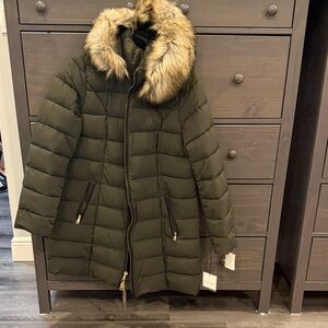 Laundry By Shelli Segal Dark Green Puffer Jacket with Faux Fur Hood